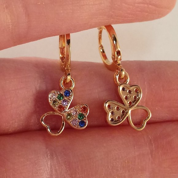 18K Yellow Gold Filled Hollow Heart Flower Diamond Topaz Zircon Dangle Earrings - Picture 4 of 4